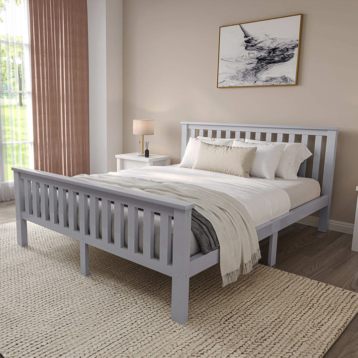 [White + Pine | King] Dimension schematic king size wooden bed frame with 300 kg weight capacity and 5ft King label