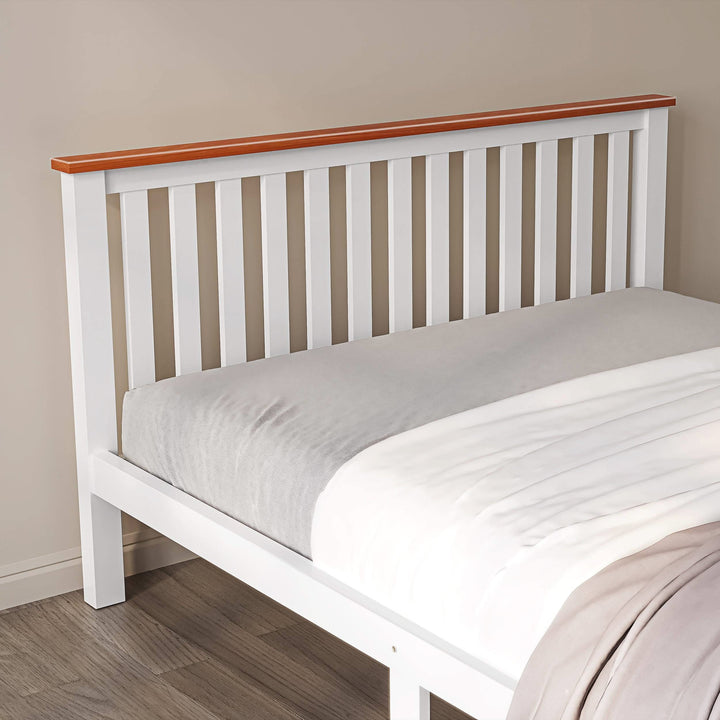[White + Pine | King] Close bedroom view white king size wooden bed frame with pine-topped footboard and bedsides each side