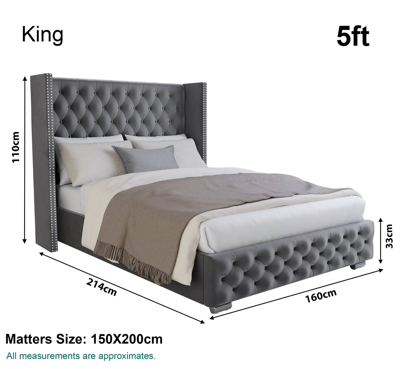 King-size beds dimensions 110x214x160 cm, ideal for large bedrooms and ultimate comfort