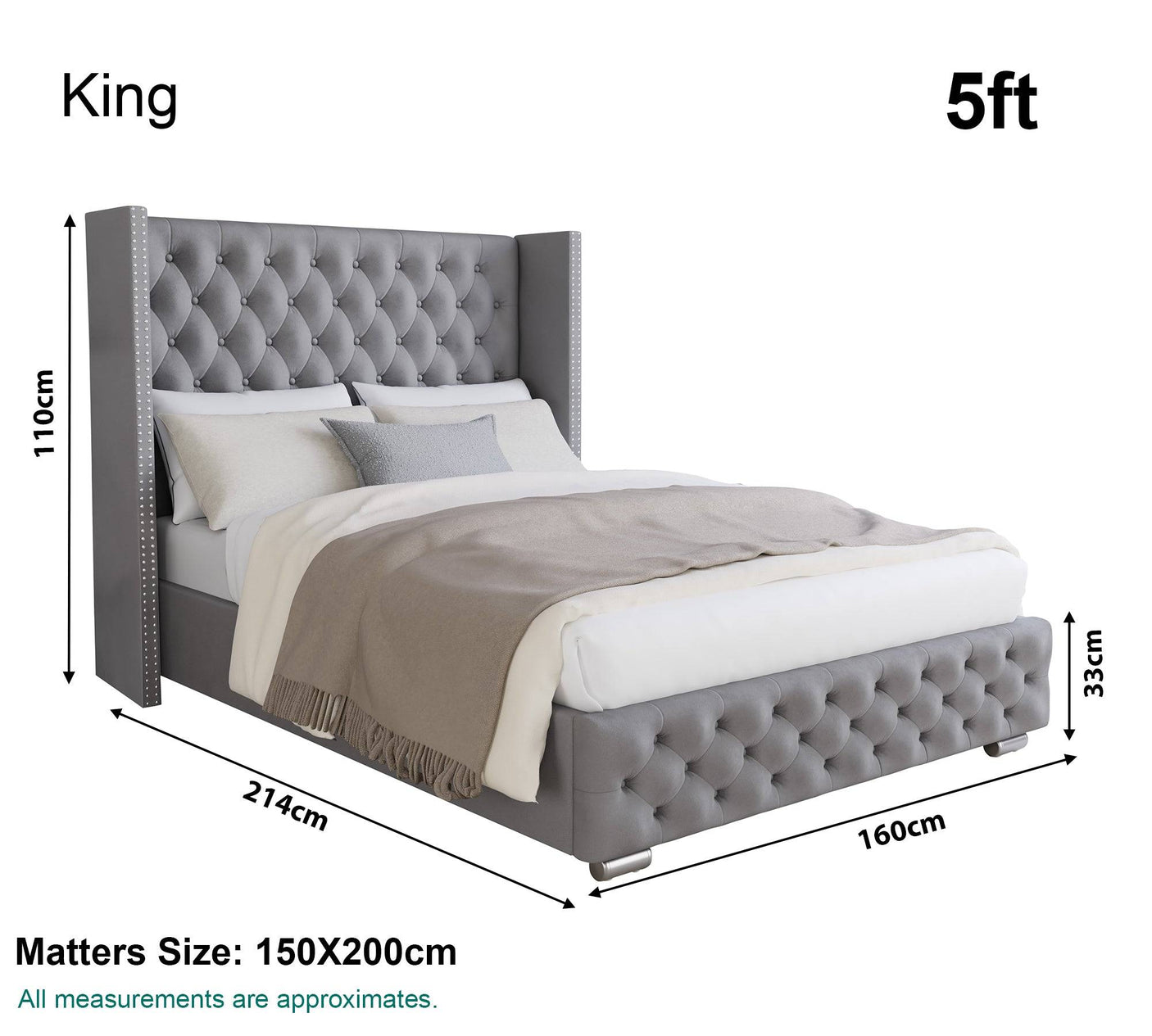 King size beds frame 214cm x 110cm x 160cm, offering comfort and style.