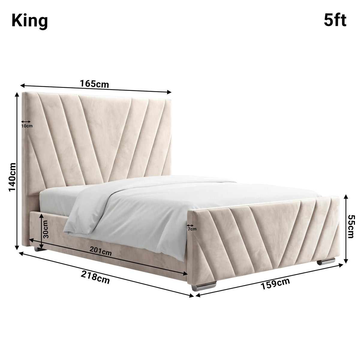 Detailed dimensions of the beige velvet ottoman king bed, highlighting height 140 cm, width 165 cm, and length 218 cm