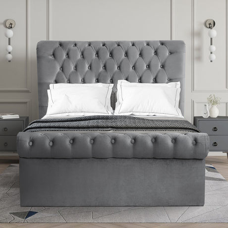 King size Chesterfield ottoman bed with luxurious tufted design and ample under-bed storage.