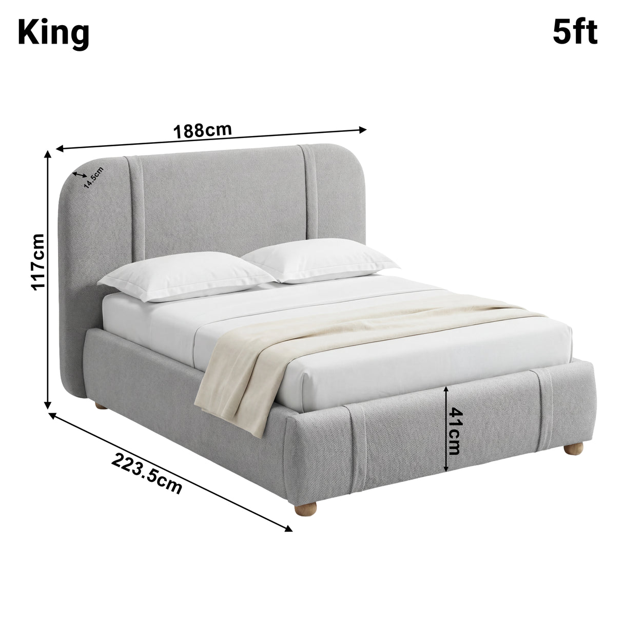 Dimensions diagram of a grey king bed with labelled measurements: height 117 cm, width 188 cm, and length 223.5 cm