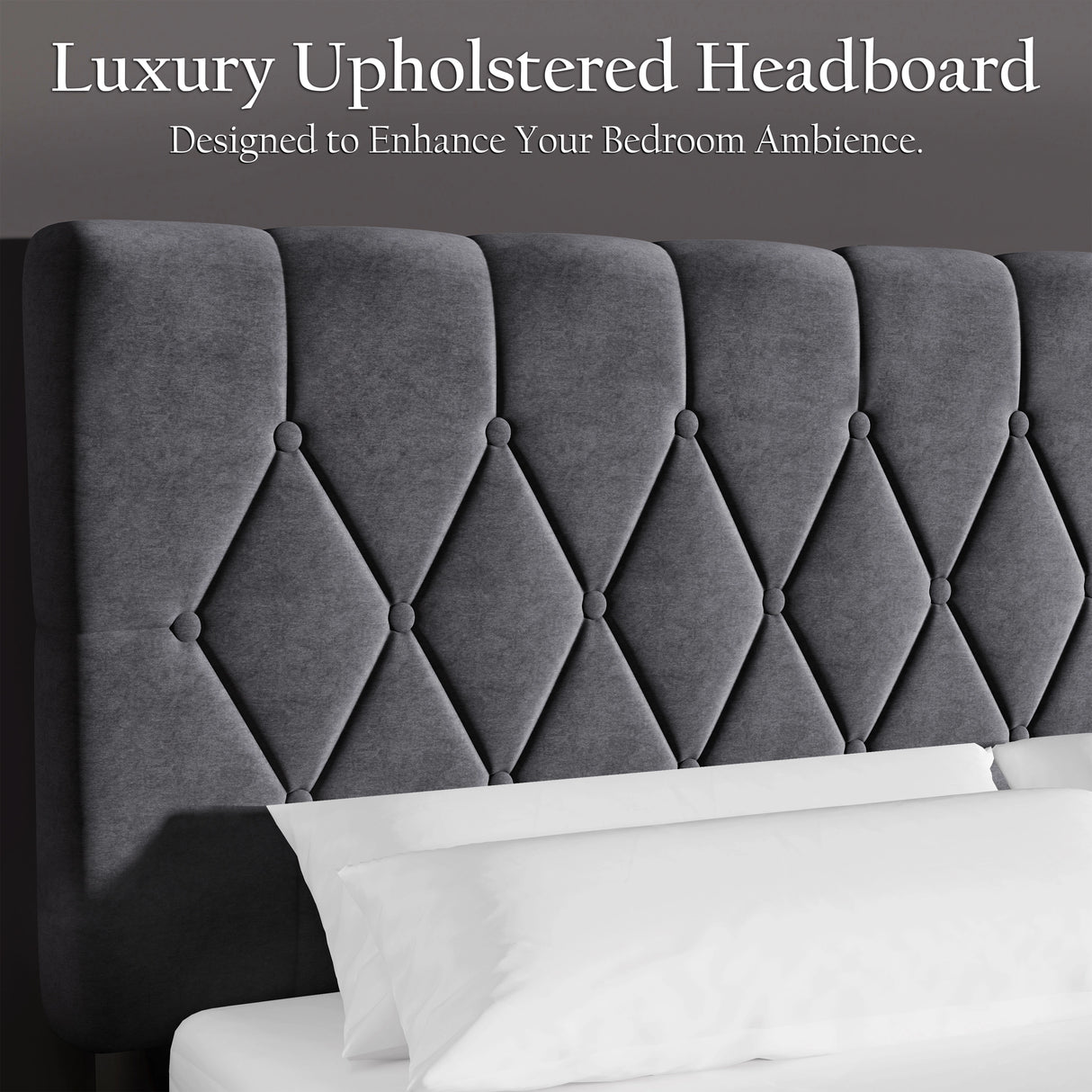 Velvet bed frame with adjustable chesterfield headboard in grey, ideal for double or king size beds. Elegant design for modern bedroom decor.