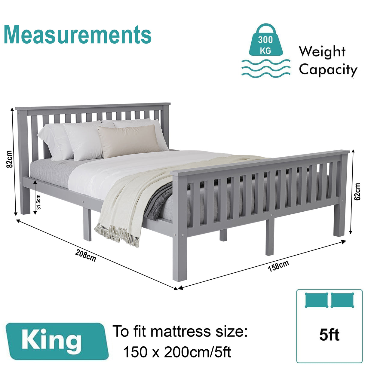 King-size grey wooden bed frame with measurements and a 300kg capacity for robust support.