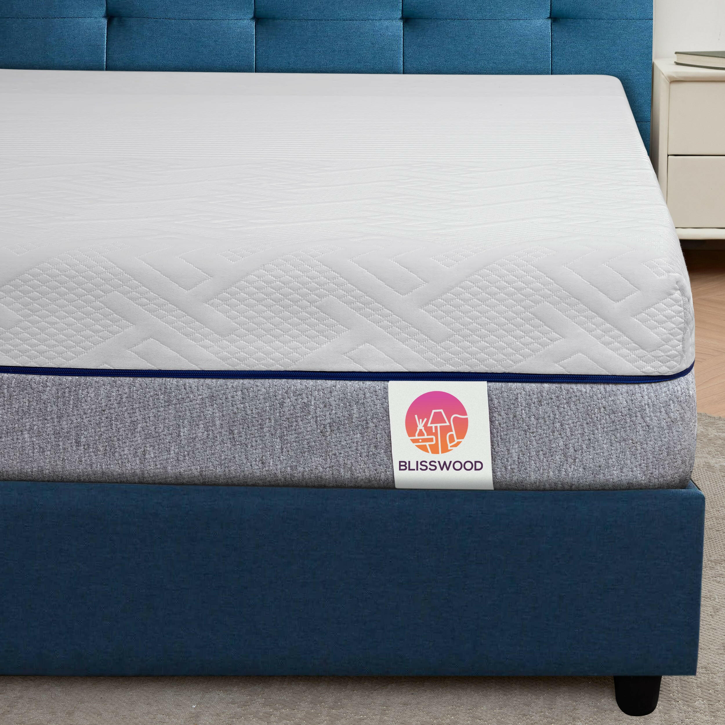 Blisswood king size mattress sale on a stylish blue bed frame, featuring premium fabric.