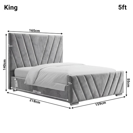 Detailed dimensions of the grey velvet ottoman king bed, highlighting height 140 cm, width 165 cm, and length 218 cm