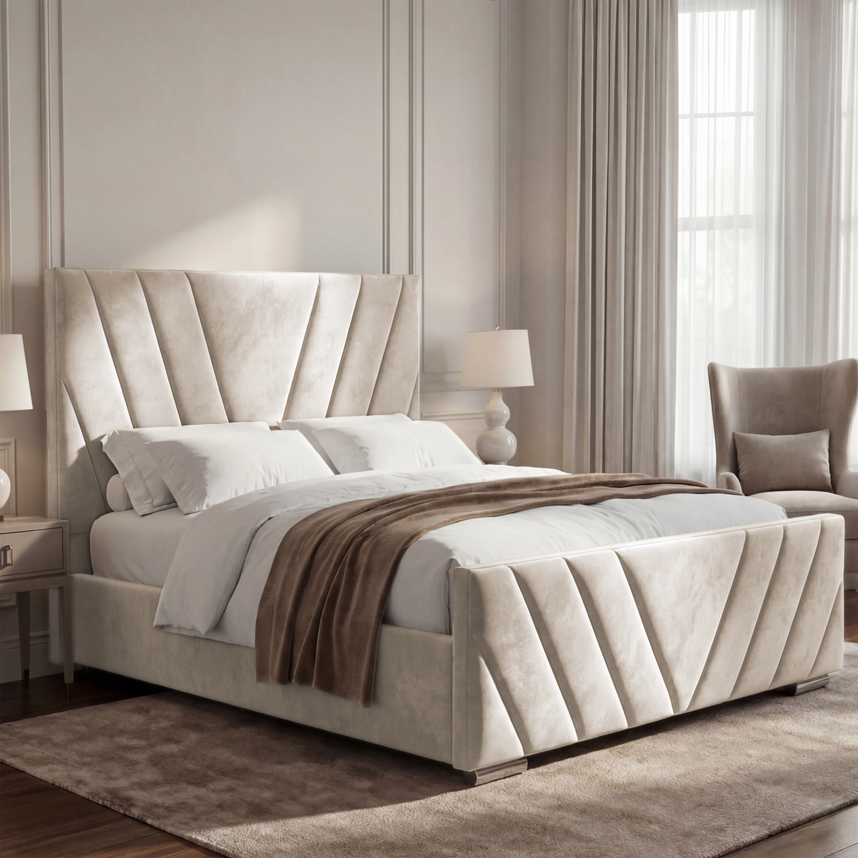 Side view of the king-size beige ottoman bed frame, showcasing its elegant upholstery and luxurious design