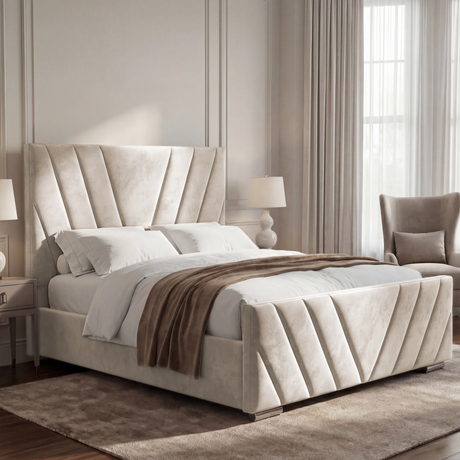 Side view of the king-size beige ottoman bed frame, showcasing its elegant upholstery and luxurious design