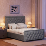 Grey king size ottoman bed frame with cross-puffed headboard and footboard placed between two bedside tables in a modern bedroom