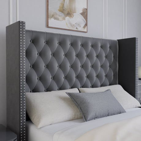 King size ottoman bed frame with mattress, storage, and a sleek dark gray headboard.