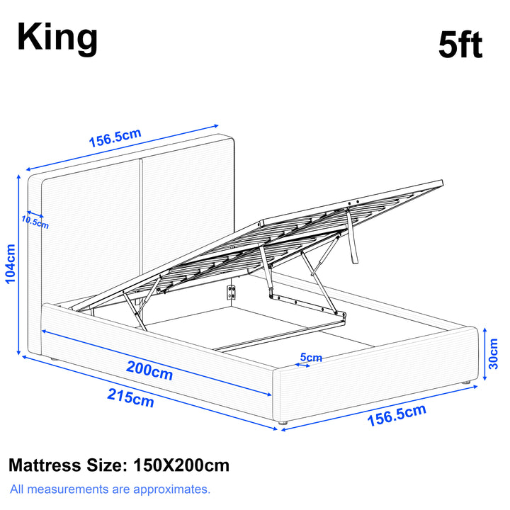 [King | Grey]  ottoman bed frame size showing: Length 215 cm, width 156.5 cm, headboard height 104 cm