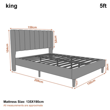 Vertical Line Velvet Upholstered Bed Frame in king size with grey channel tufted headboard and wooden slats, shown with full dimensions in cm.