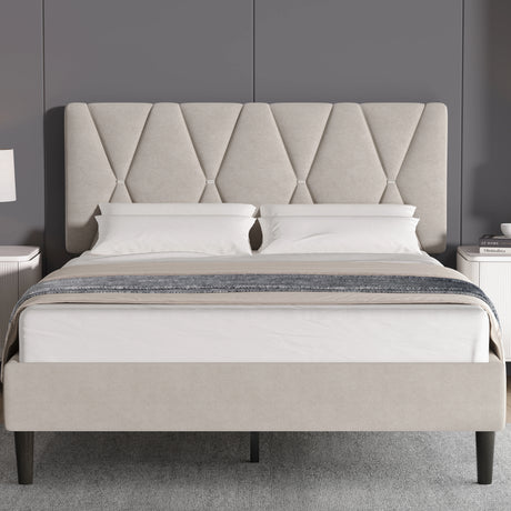 Beige upholstered bed with diamond patterned headboard in a room setting.