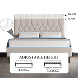 Velvet bed frame double & king size with adjustable headboard in beige, featuring tufted design and height range from 97.5cm to 106.5cm.