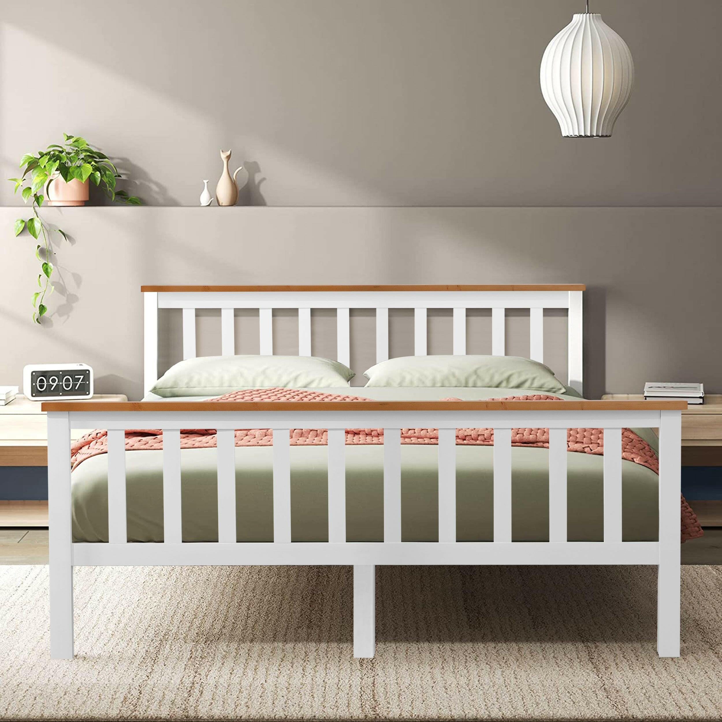 King size wooden bed frame with slatted headboard, white finish, and natural wood accents