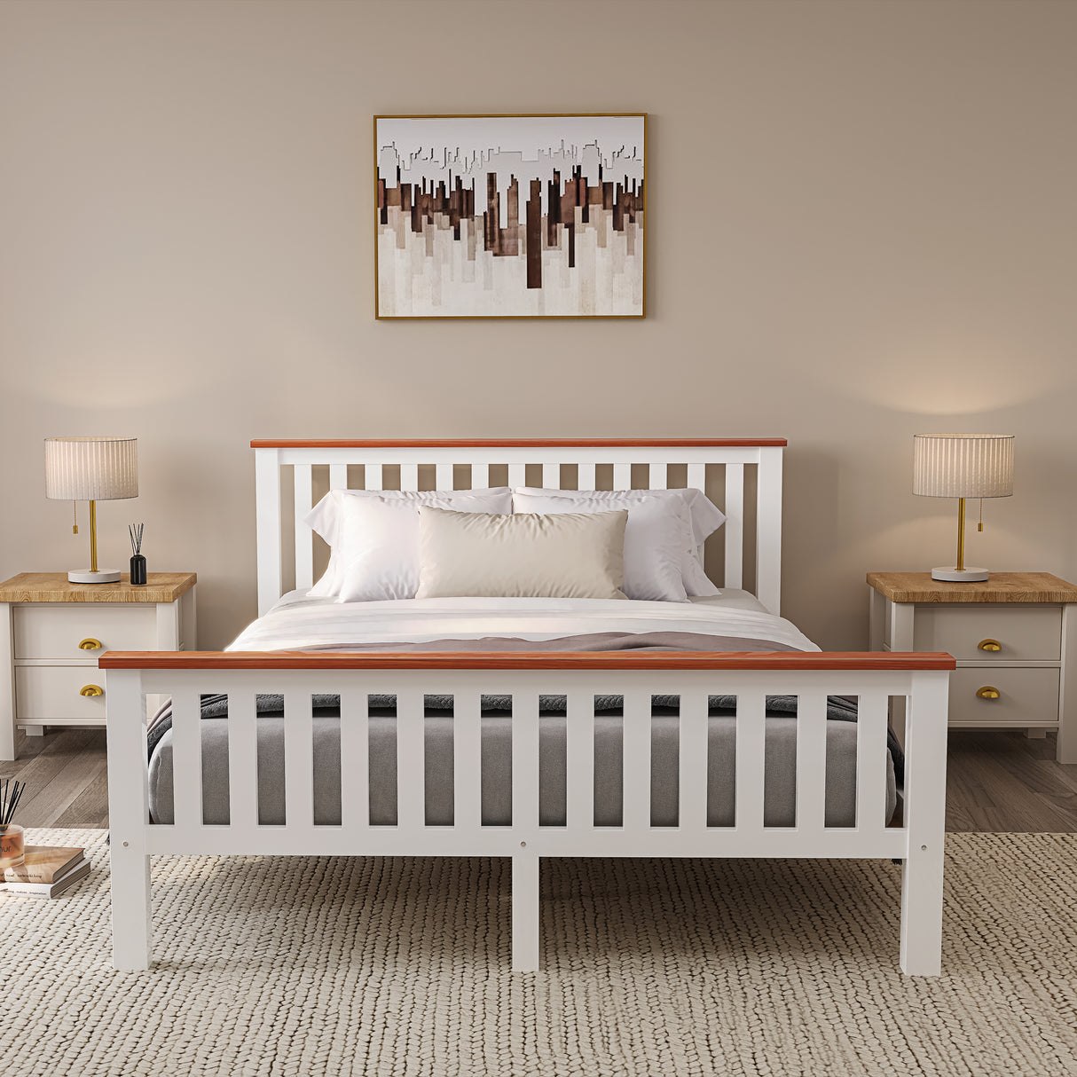 King size wooden bed – durable and stylish frame, perfect for a classic bedroom aesthetic.