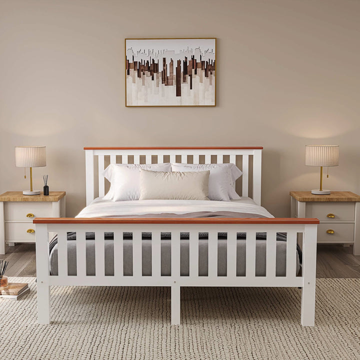 [White + Pine | King] King size wooden bed frame with pine-capped headboard centred between matching oak nightstands