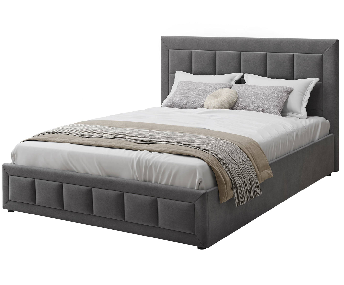 Grey king sized ottoman bed, offering a sleek design with spacious under-bed storage.