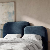 [King | Blue] Close detail of split padded headboard sections showing rounded  corners and stitched fabric surface