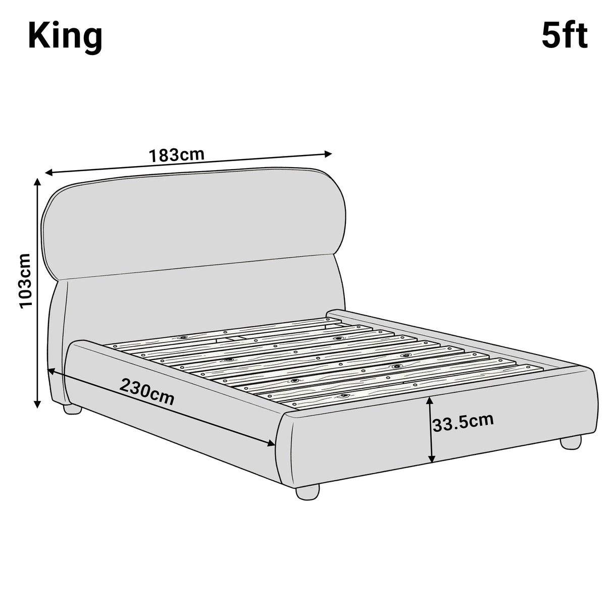 Measurement diagram of a king size upholstered bed frame with length 230 cm, width 183 cm, and height 103 cm