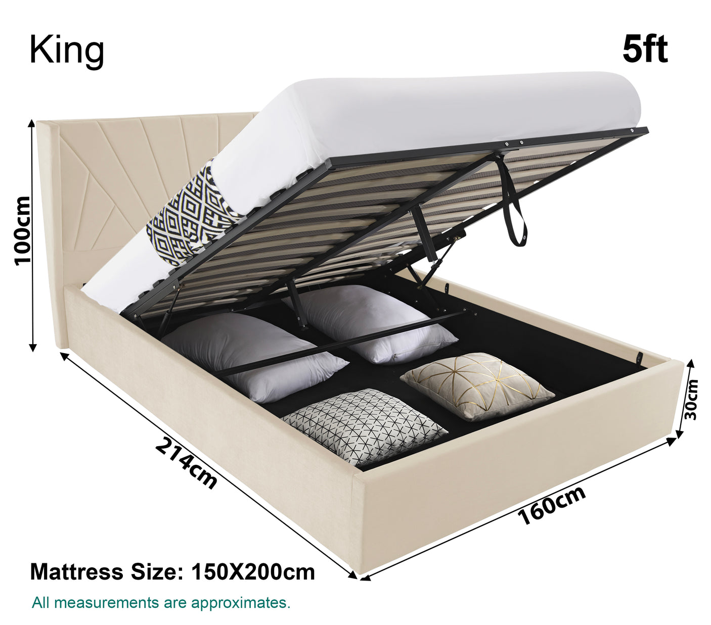 Blisswood Velvet Quilted Sunrise Design Ottoman Storage Bed With Mattress