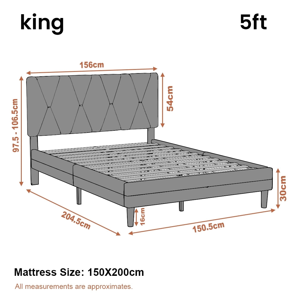 Velvet Upholstered Bed Frame in Grey & Beige with Adjustable Headboard