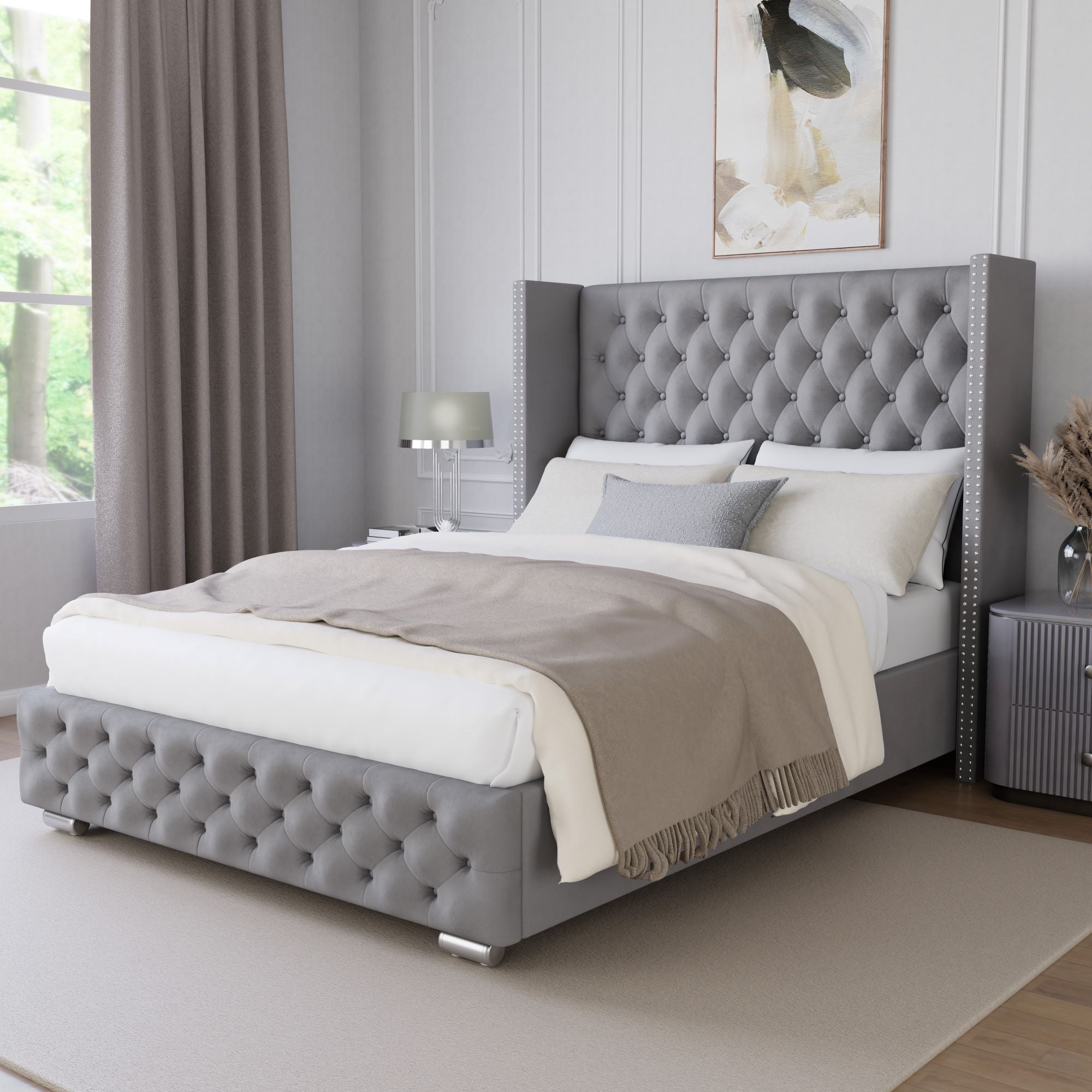 Luxurious grey upholstered kingsize bed frame with storage, featuring a tufted wingback headboard.