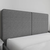 Corduroy ribbed velvet upholstered ottoman bed frame in dark grey with a tall, textured headboard. Ideal for modern bedrooms with hidden storage.