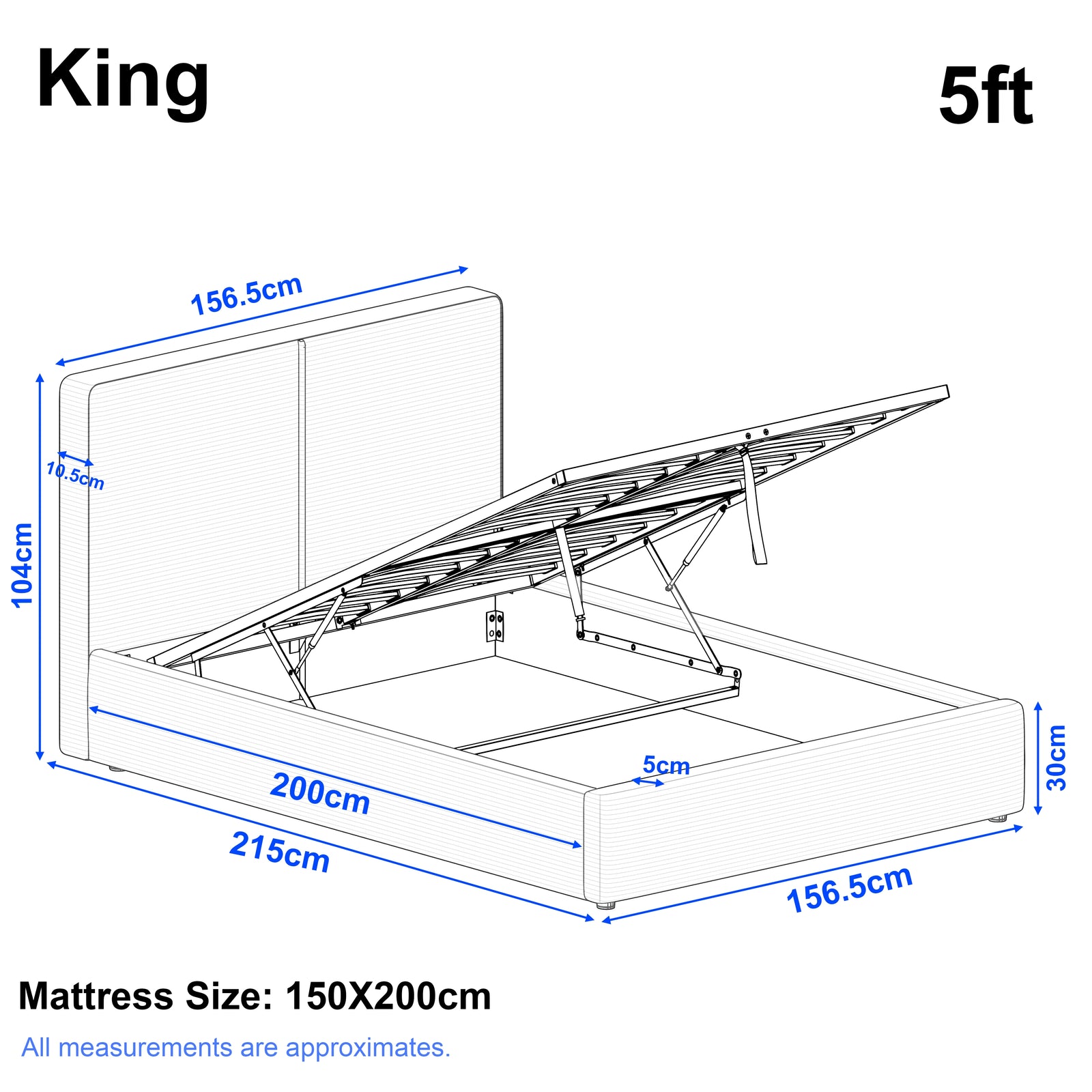 [King | Light Grey]  ottoman bed frame size showing: Length 215cm, width 156.5 cm, headboard height 104 cm