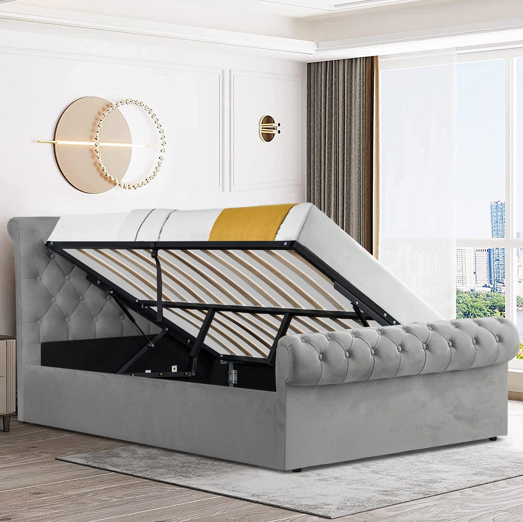 King size ottoman bed with mattress and cross lift-up design for spacious storage