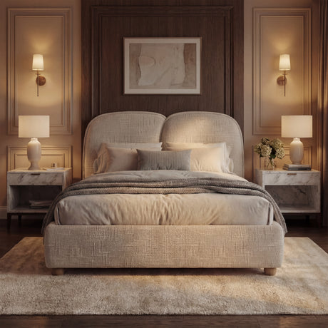 Symmetrical sleeping arrangement with a wide padded base, curved back panels, layered linens, and warm ambient lighting