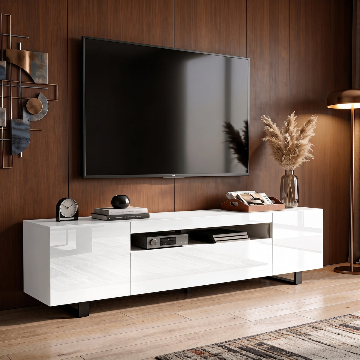 [White] Kystra 180cm High Gloss TV Unit in modern living room set up at an angle