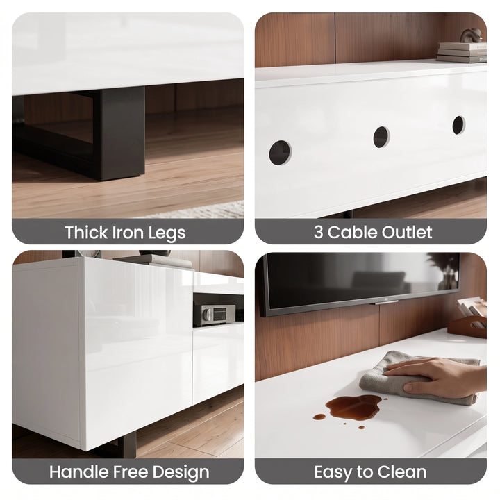 [White] Kystra 180cm High Gloss TV Unit side cabinet open showing interior shelf storage