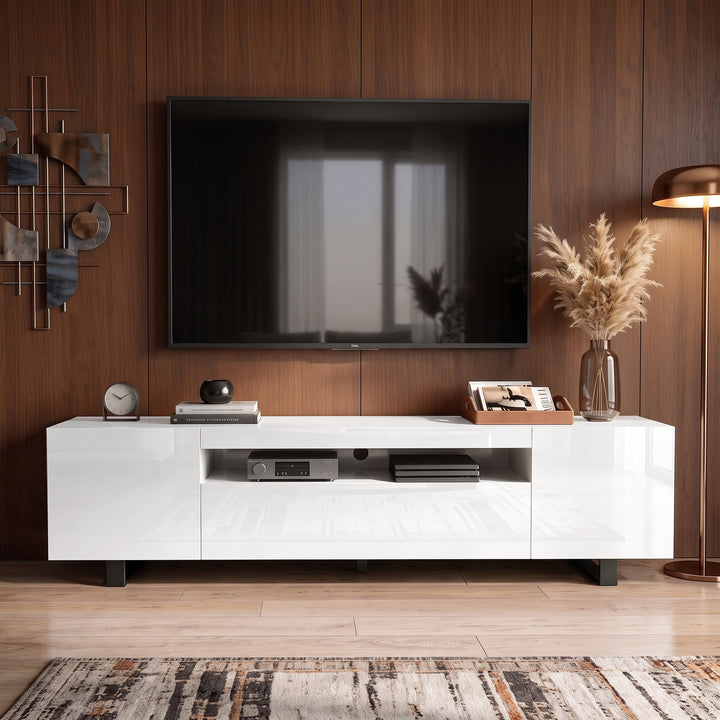 [White] Kystra 180cm High Gloss TV Unit front view with media storage compartments