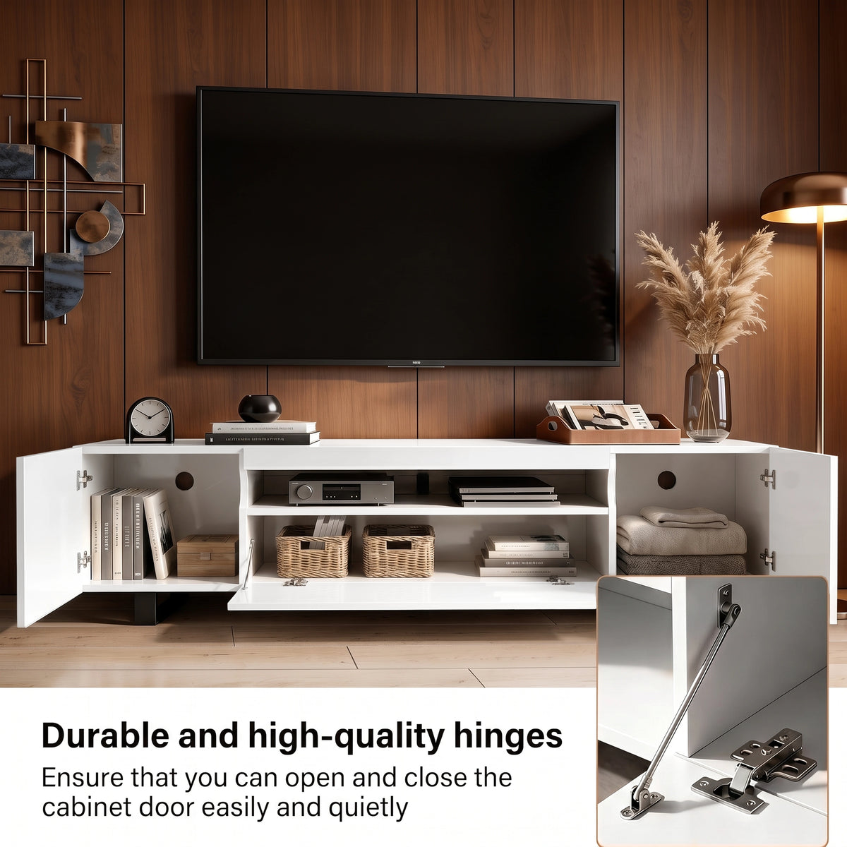 [White] Kystra 180cm High Gloss TV Unit detailing durable door hinges and drop-down support mechanism