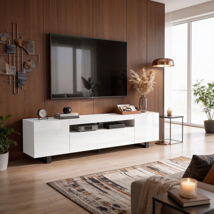 [White] Kystra 180cm High Gloss TV Unit styled in a contemporary living room space
