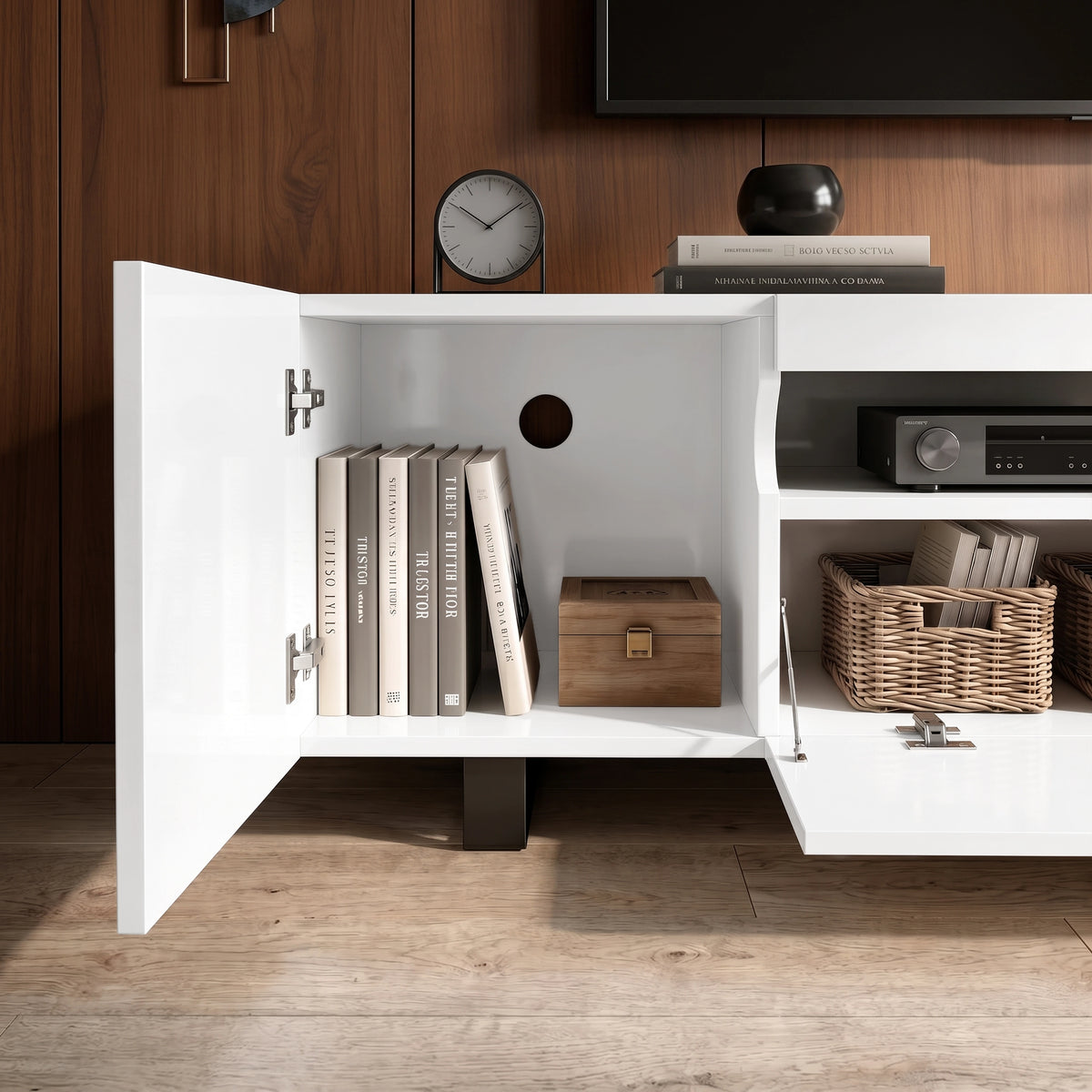 [White] Kystra 180cm High Gloss TV Unit front view with media storage compartments