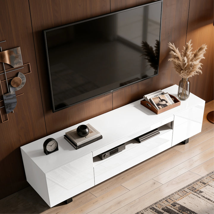 [White] Kystra 180cm High Gloss TV Unit top-down angled view highlighting sleek glossy finish
