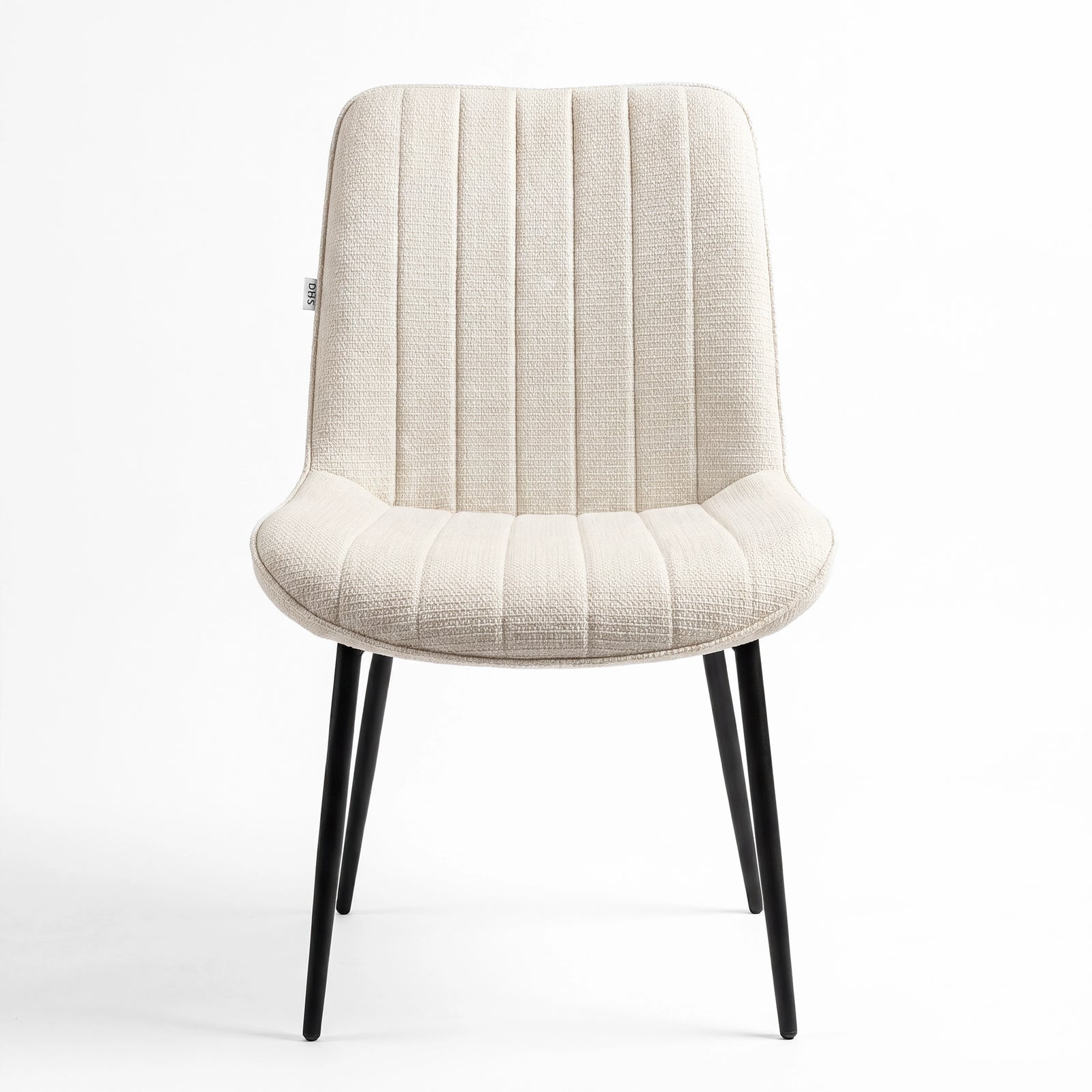 [Vertical Beige | Tinted] Kyvon beige upholstered fabric vertical dining chair front view with black metal legs