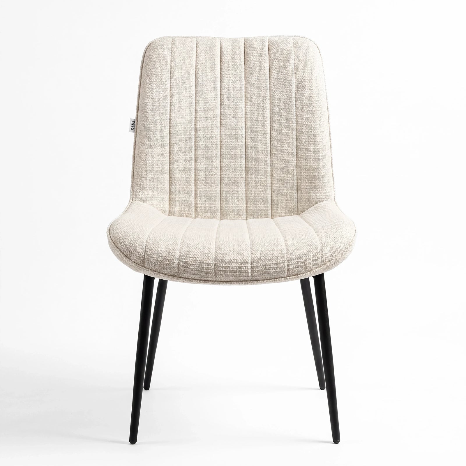 [Beige] Kyvon beige upholstered fabric vertical dining chair front view with black metal legs