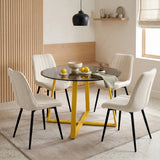[Beige] Kyvon 4 seater round glass dining set with beige chairs in a dining room