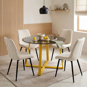 [Beige] Kyvon 4 seater round glass dining set with beige chairs in a dining room