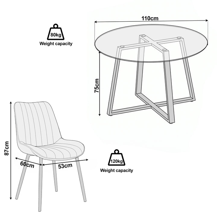 [Vertical Beige | Tinted] Kyvon size guide graphic showing 110cm round top x 75H and chair 53W x 60D x 87H cm