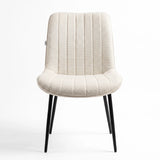 [Vertical Beige | Clear] Kyvon beige upholstered fabric channeled stitched dining chair front view with black metal legs