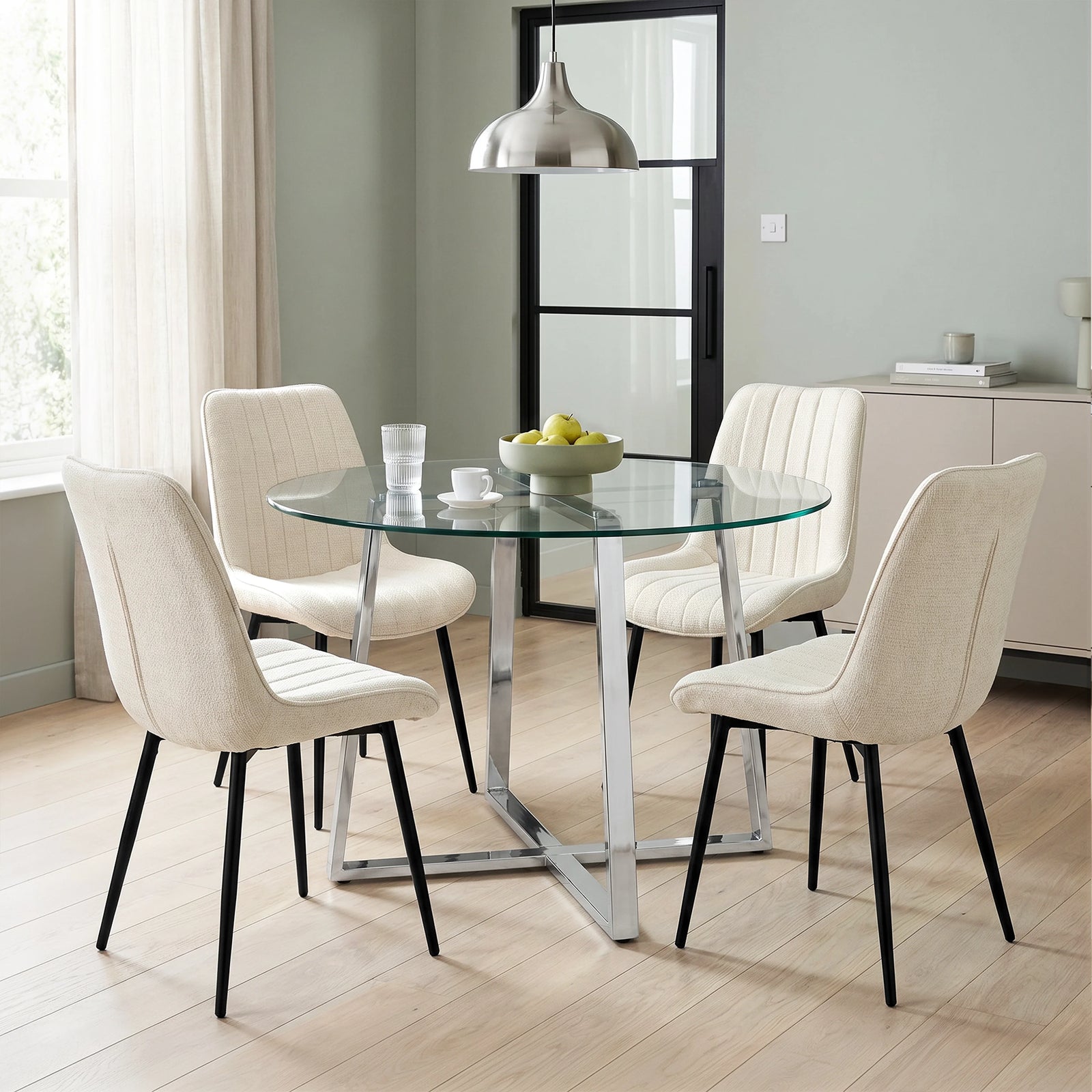 [Vertical Beige | Clear] Kyvon dining set with 110cm round table, chrome legs and 4 beige chairs in dining room