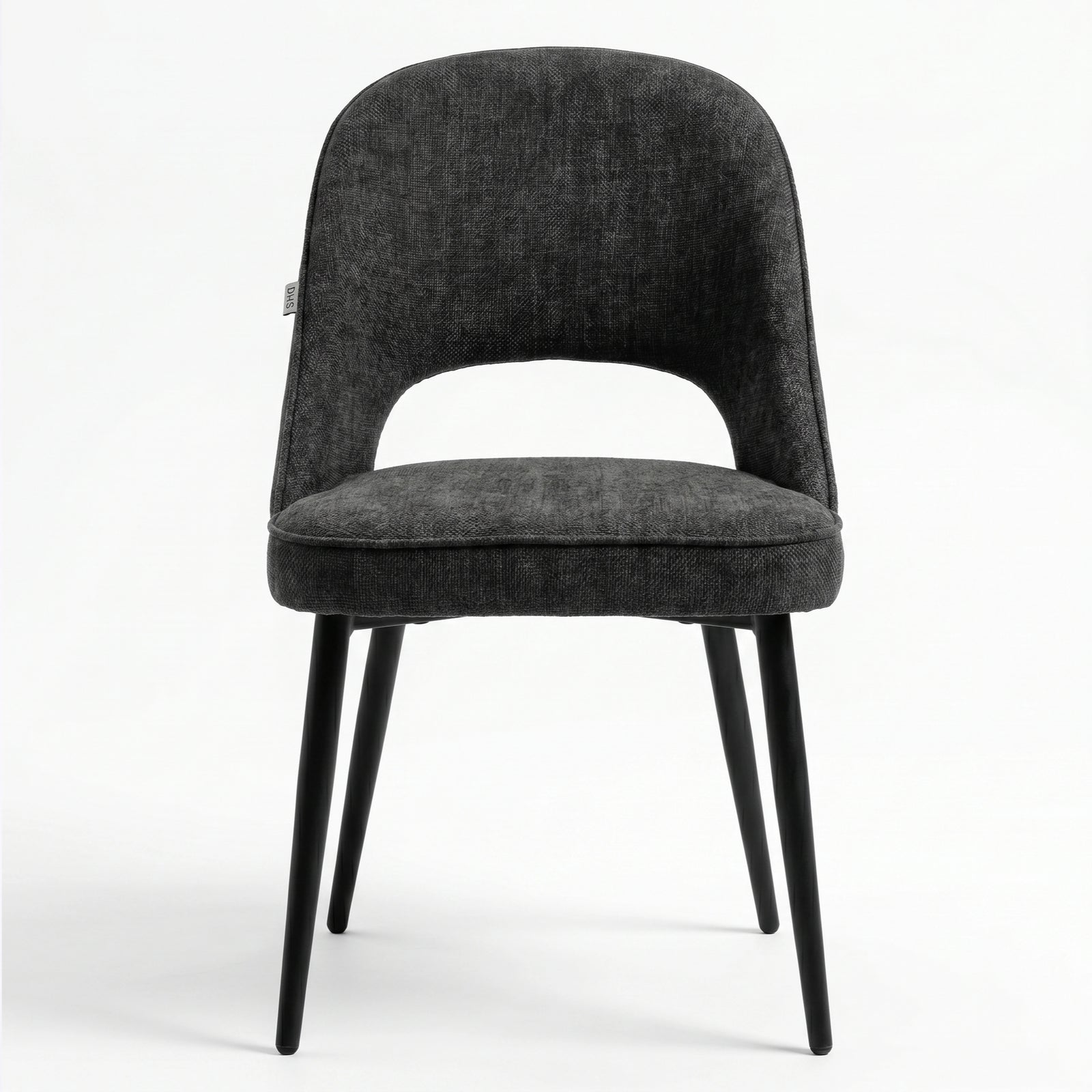 [Black | Clear] Kyvon black upholstered fabric comfy curve chair front view with rounded back and cushioned seat