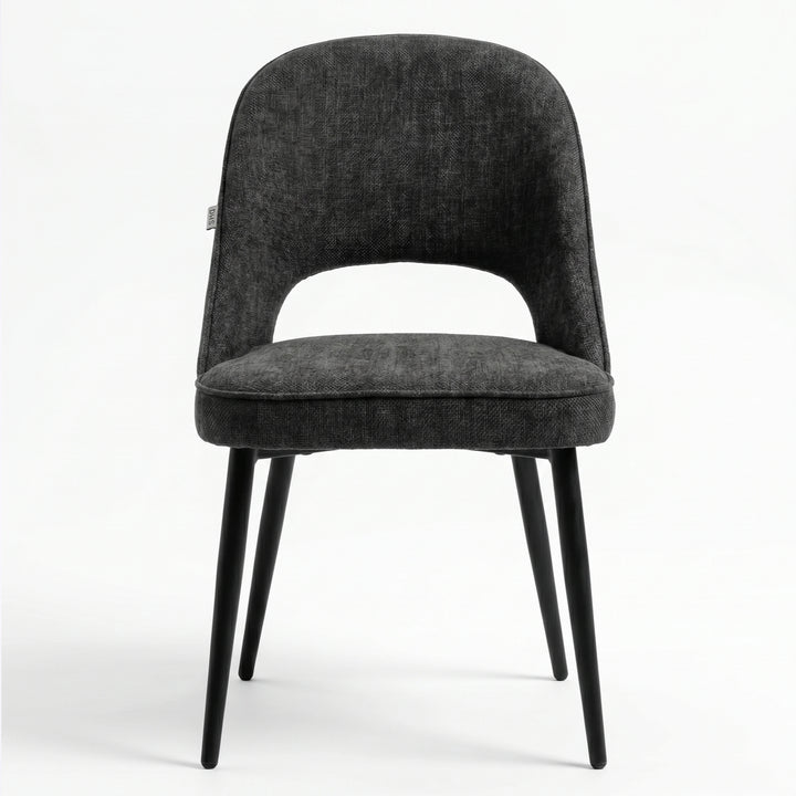 [Black | Clear] Kyvon black upholstered fabric comfy curve chair front view with rounded back and cushioned seat