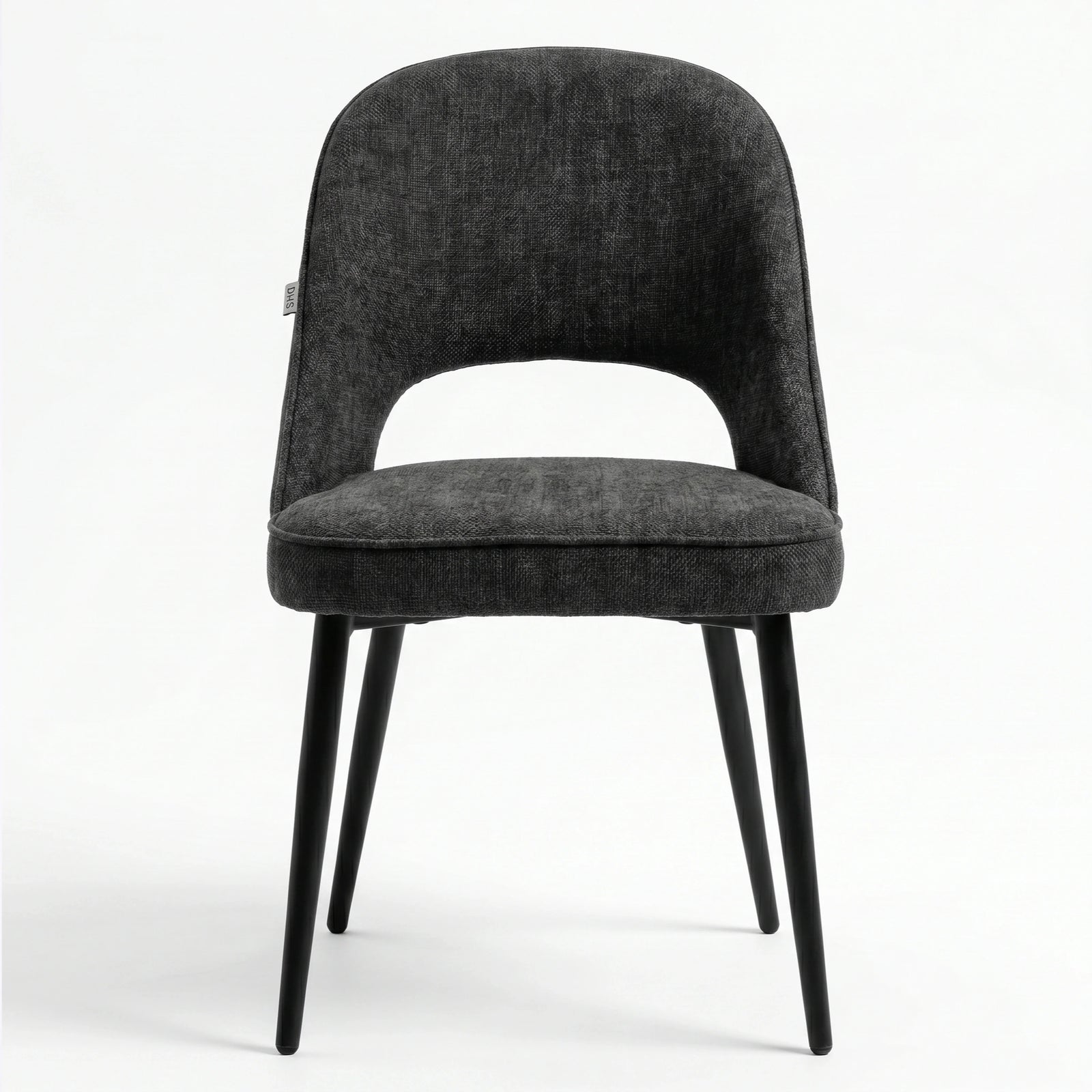 [Black] Kyvon black upholstered fabric comfy curve chair front view with rounded back and cushioned seat