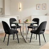 [Black | Clear] Kyvon round glass dining set with 110cm round table, chrome legs and 4 black chairs in a dining room